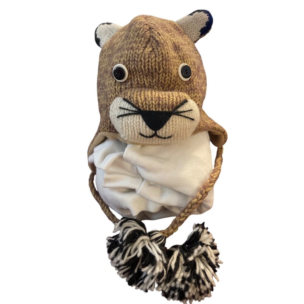 NWT Mountain‎ Lion Pilot Hat By Knitwits  Adults Size- Brown Earflaps & Tail